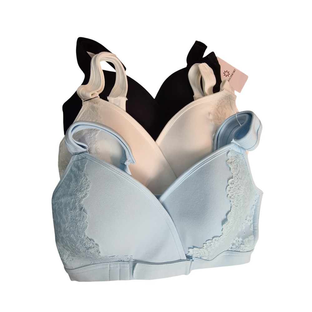 VeraComfort Lace Trim Wireless Front Closure 3 Bras 1.0 Black White Blue Size L2